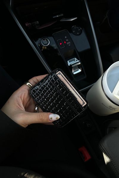 klovi Black Leather Look Shiny Card Holder Mini Wallet
