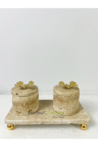 Modestmar Travertine Marble 3-Piece Spice Jar Set with Gold Butterfly Lid