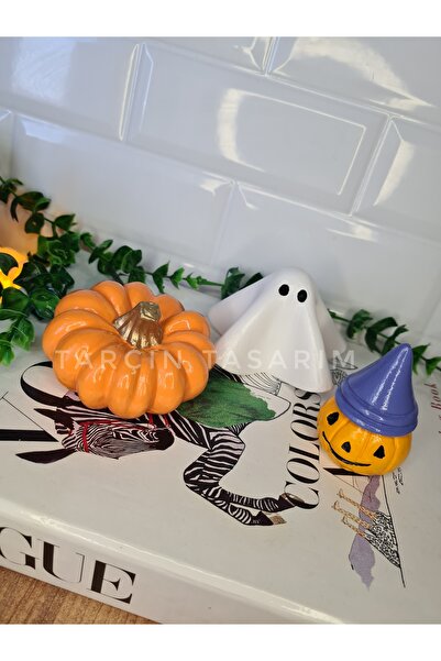 TARÇIN TASARIM 3'lü Balkabağı Hayalet Dekor,Halloween,El Yapımı(HANDMADE)