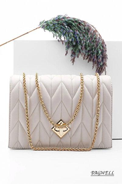 BAGWELL BY ALİ ERCİVAN Geantă de mână și de umăr de damă bej cu lanț de culoa...