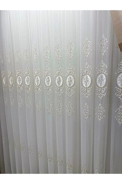 NİVEMESHOME Nivemeshome Star 2027 - Gold Detailed 1/3 Tight Pleated Tulle Curtain