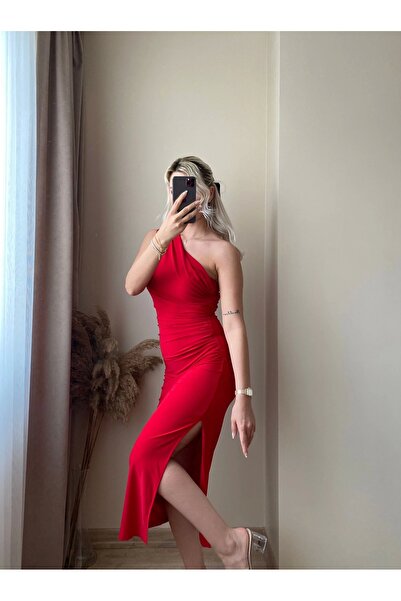 Zora Butik Omuz Detay Drapeli Elbise- KIRMIZI