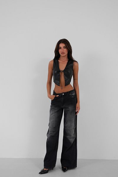 Black Fashion Black Leather Crop Vest
