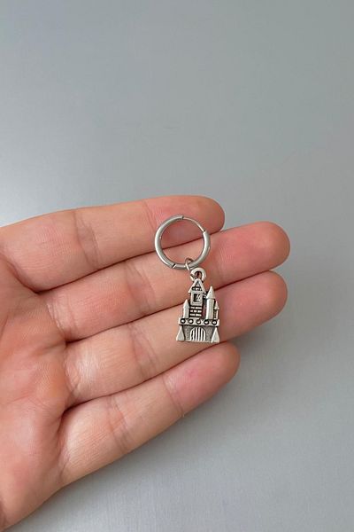 Jaida Moda Unisex Silver Castle Figure Halloween Concept Steel Hoop Earrings