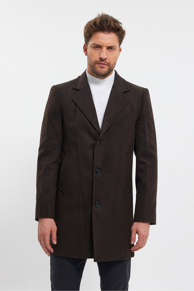 TREND KOMBİN Ανδρικό μπουφάν σε σκούρο καφέ γιακά παλτό Standard Fit Stamp