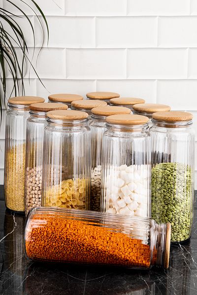 DNS HOME طقم مكون من 12 مرطبانًا زجاجيًا، طقم مكون من 12 مرطبانًا طعامًا كبيرًا مع غطاء مفرغ وملصق هدية 1500 مل