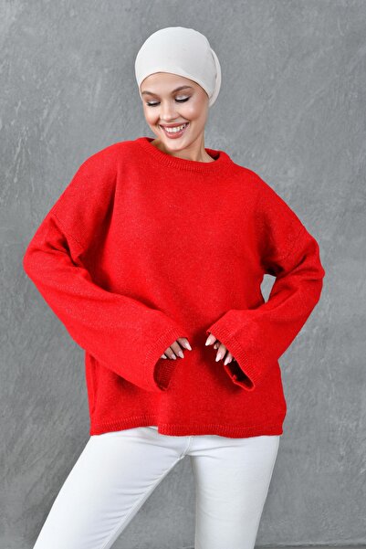 bayansepeti Geniş Kollu Düşük Omuz Bisiklet Yaka Uzun Kollu Kırmızı Oversize Triko Tesettür Kazak 4091