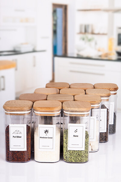 Lizzy 12 Lİ Kare Ahşap Vakumlu Kapaklı Akrilik Baharatlık Seti 300 ML Etiket Hediyeli