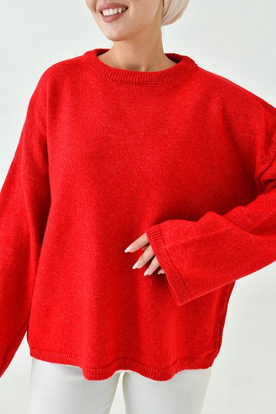 WOMAN VISION Women's Off Shoulder Spanish Sleeve Crew Neck Long Sleeve Red Oversize Knitwear Hijab Sweater 4091