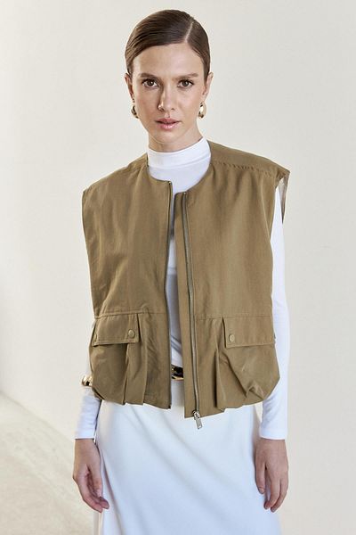 YOUR NAME Khaki Women's Bomber Vest with Pockets
