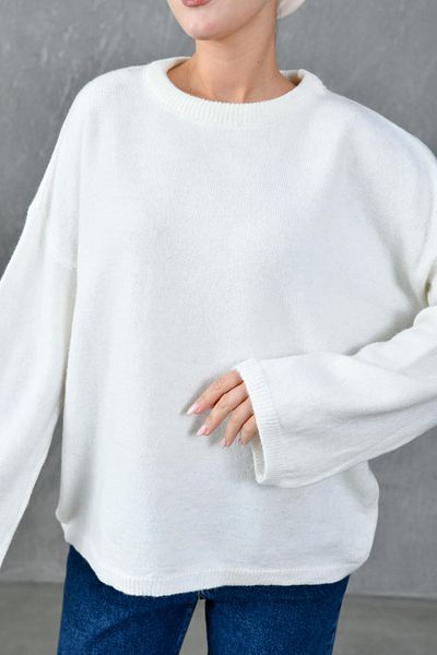 bayansepeti Wide Sleeve Off Shoulder Crew Neck Long Sleeve Ecru Oversize Knitwear Hijab Sweater 4091