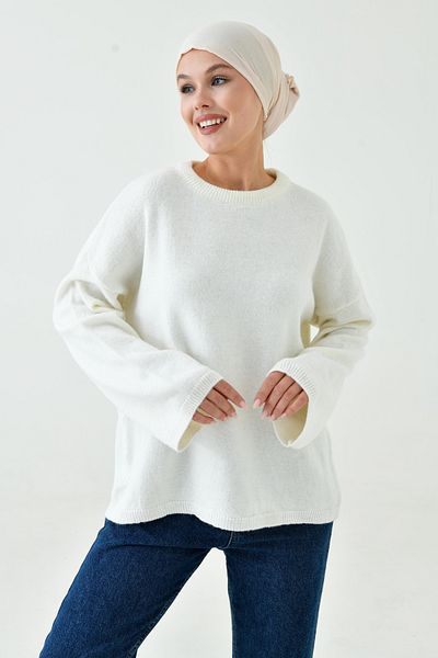 WOMAN VISION Women's Off Shoulder Spanish Sleeve Crew Neck Long Sleeve Ecru Oversize Knitwear Hijab Sweater 4091