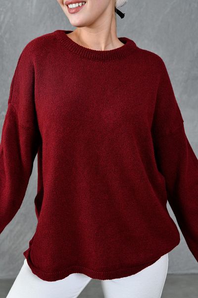 bayansepeti Wide Sleeve Off Shoulder Crew Neck Long Sleeve Claret Red Oversize Knitwear Hijab Sweater 4091