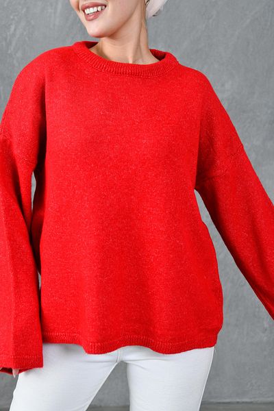 bayansepeti Wide Sleeve Off Shoulder Crew Neck Long Sleeve Red Oversize Knitwear Hijab Sweater 4091