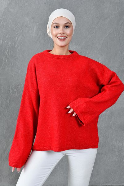 bayansepeti Wide Sleeve Off Shoulder Crew Neck Long Sleeve Red Oversize Knitwear Hijab Sweater 4091