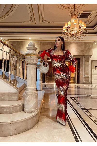 1Moda1Tarz Γυναικείο κόκκινο εισαγόμενο παγιέτες υφασμάτινο μανίκι Otriş Λεπτομέρεια με επένδυση Ειδικού Σχεδιασμού Μάξι Φόρεμα