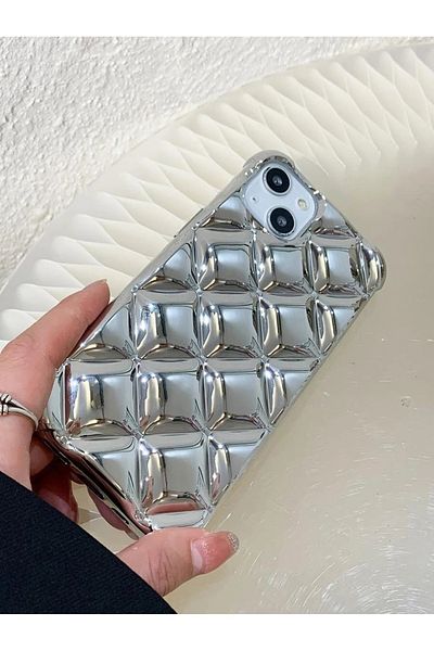 BotCase حافظة حماية فضية معدنية لامعة ومتوافقة مع هاتف آيفون 11 برو ماكس ثلاثية الأبعاد فاخرة ومزخرفة بنمط مكعب