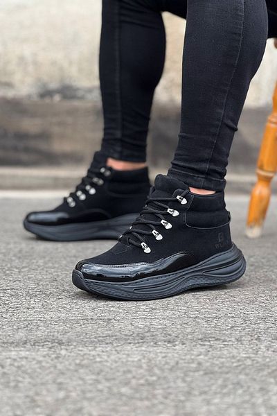 Afrodit Charcoal Patent Leather High Sole Half Ankle Boots