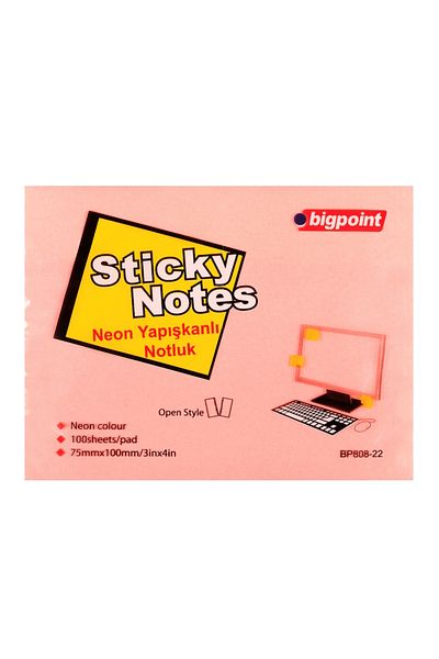 Bigpoint Adhesive Note Paper 75X100Mm Neon Pink Pack of 12