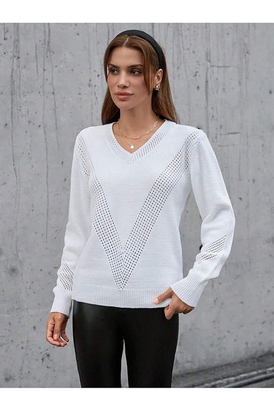 ATEMODAA OPTICALWHITE V pulover cu decolteu în V cu detalii ajurate