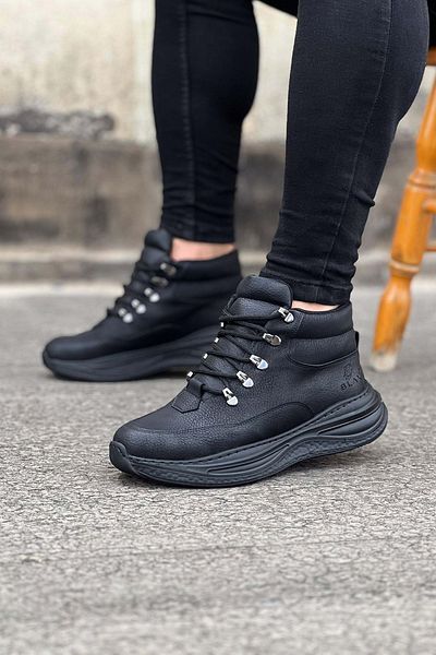 MR RZN STORE Charcoal Leather High Sole Half Ankle Boots
