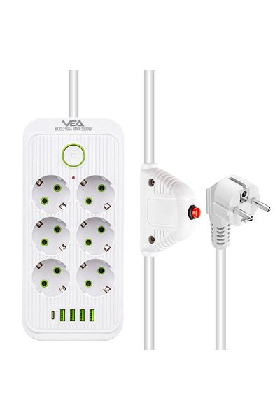 Axe Tools 1.5 Meter Cable - Current Protected 6 Plugs 4 USB 1 Type-C Input Multiple Sockets Axe2-7V
