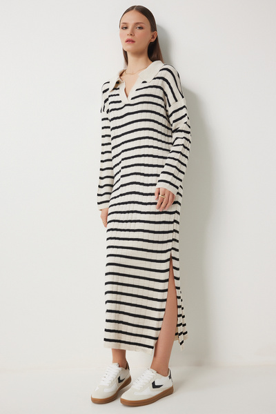 Lovelyİstanbul Πλεκτό φόρεμα με ριγέ λαιμό πόλο ΜΠΕΖ ΜΑΥΡΟ LJG0002