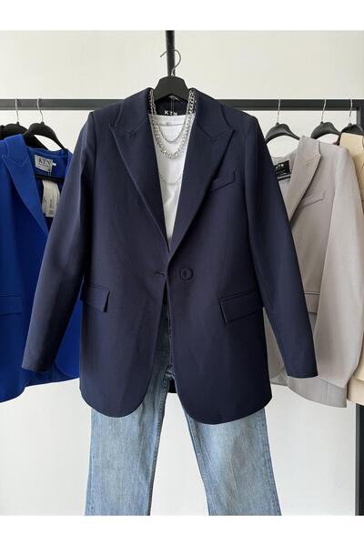 FERZOLAİO Single Button Navy Blue Blazer Jacket