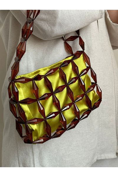 vivozza Satin Lined Coffee Beaded Casual Bag - Hand and Shoulder Bag for Evening Dresses and Invitations