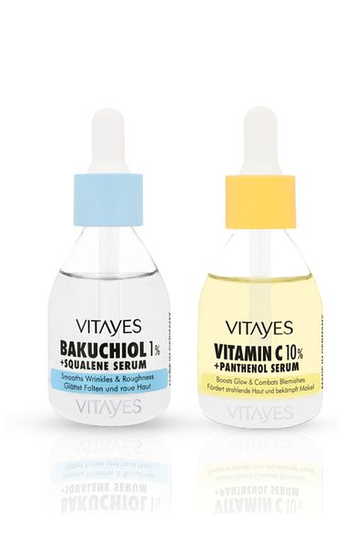 VITAYES Retinol Alternative Bakuchiol 1% and Squalene Repair Vitamin C 10% and Panthenol Skin Serum Set