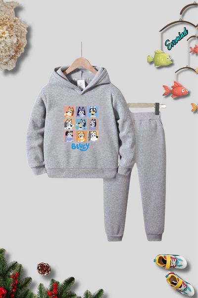 Evomind Unisex Blue Printed Hooded Children's Tracksuit Set