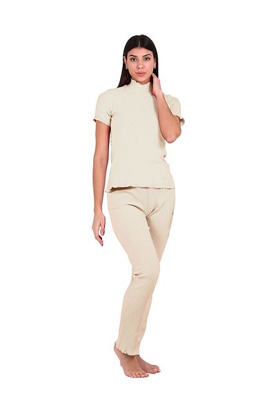U&ME Ecru Women's Tracksuit Set - Ribbed Turtleneck, Short Sleeve