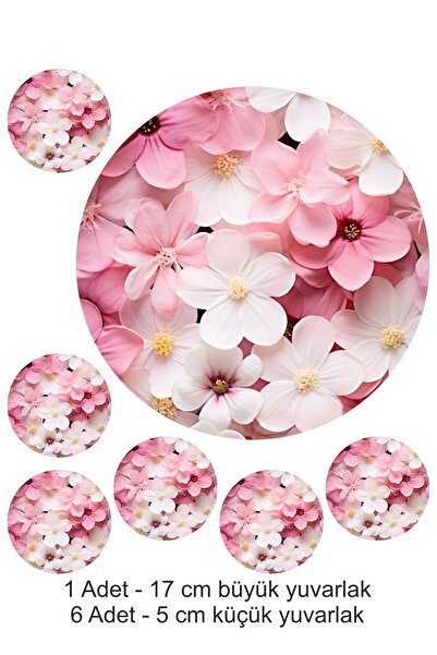 hediyehobihersey Pembe Çiçekler Pink - 7 Adet A4 Yenilebilir Süsü Pasta Kurab...