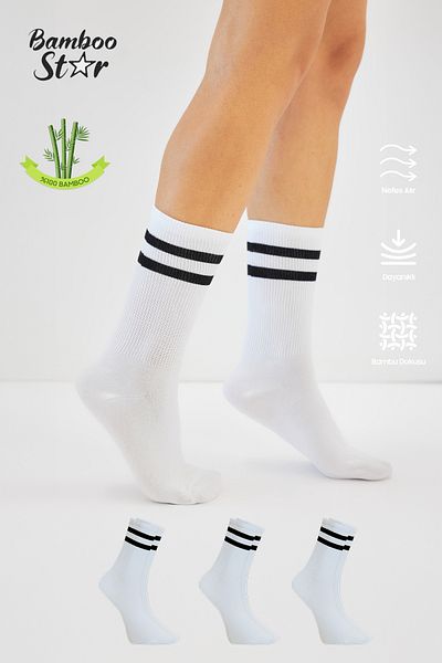 bamboo star Premium Bamboo Tennis Striped Unisex White Socks - Pack of 3