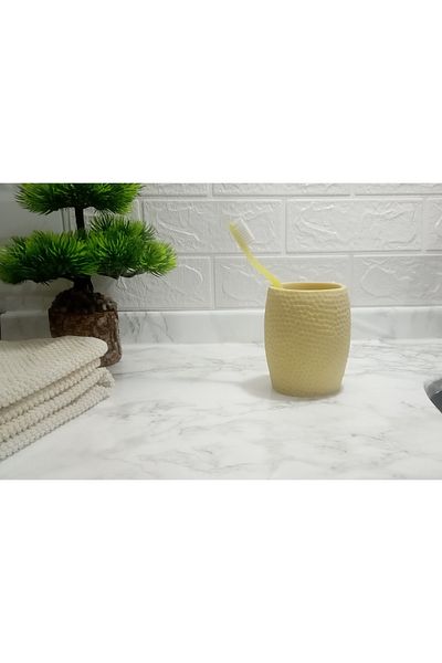 Bosphorus طقم حمام 8x8x10 سم 400 مل - حامل فرشاة خارجي، موزع معجون، بوليريسين منقوش على شكل قرص العسل الأصفر