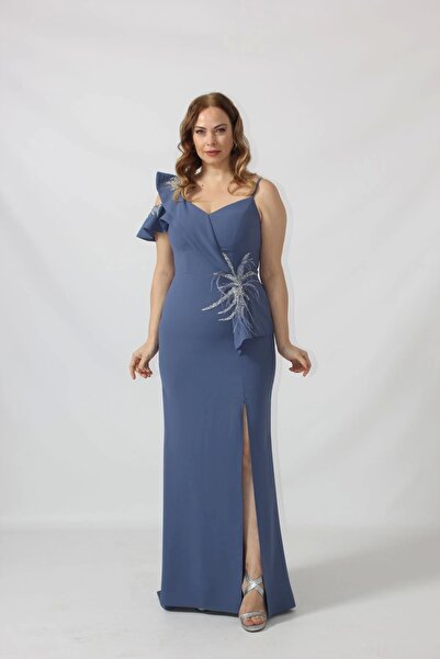 Moda Berray 21927 İndigo Omuzu İki Katlı Beli Taş İşlemeli Kadın Büyük Beden ...