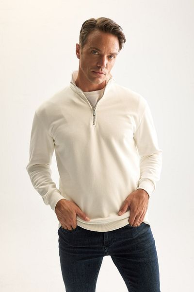 DeFacto Herren-Sweatshirt aus weißem Fleece – 3-fädig, Baumwolle, Stehkragen, Reißverschluss, dick