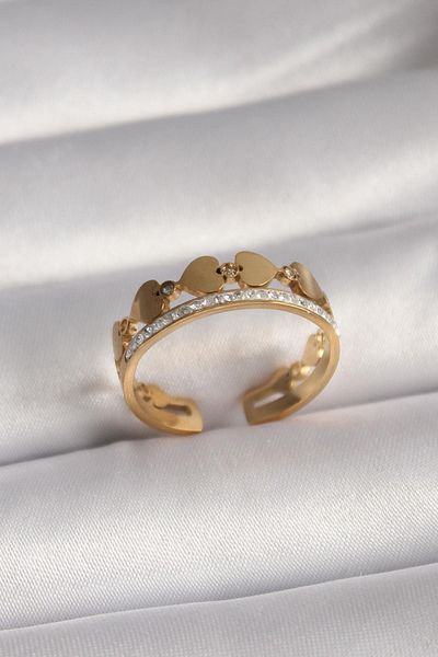 Findit Steel Gold Color Zircon Stone Heart Model Women's Ring