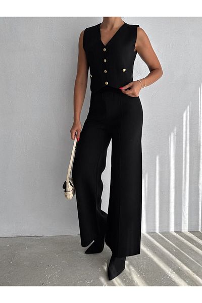 VOOLSTYLE Women's Gold Buttoned Vest Trousers Knitwear Set