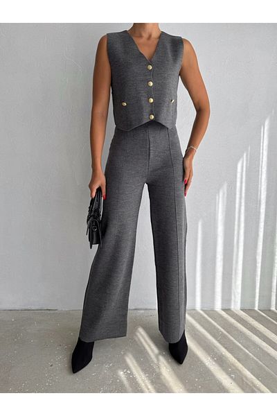 VOOLSTYLE Women's Gold Buttoned Vest Trousers Knitwear Set