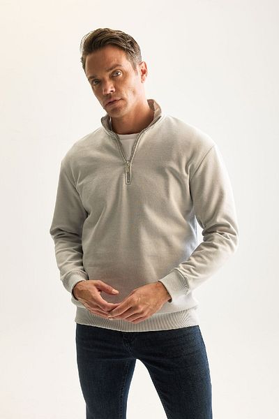 DeFacto Graues Fleece-Baumwoll-Sweatshirt für Herren – 3 Fäden, Stehkragen, Reißverschluss, dick