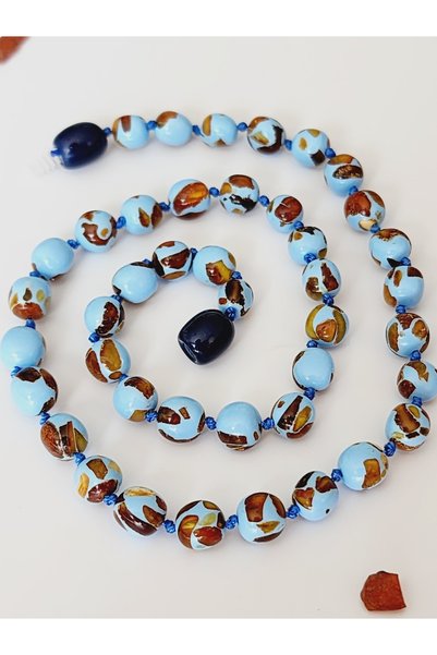 Kehribar Sarayı Mosaic Blue Amber Baby Teeth Necklace 33 cm