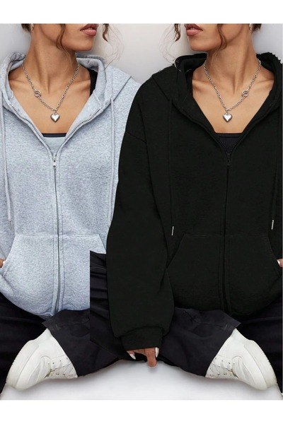 PAVRO 2-Piece Unprinted Zippered Cardigan Sweatshirt - Black Gray Oversize Winter Thick Hood
