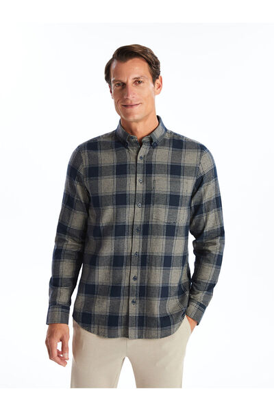 LC Waikiki Μπεζ καρό - Ανδρικό πουκάμισο με μακρύ μανίκι κανονική εφαρμογή απ...