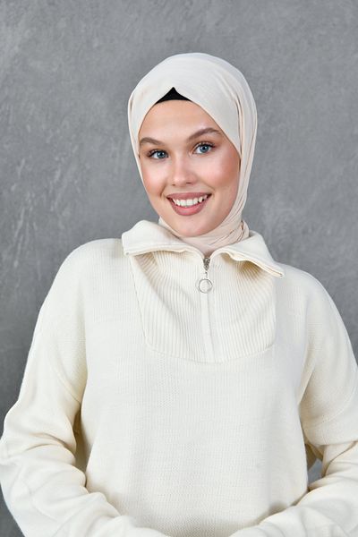 vuvutasarım Damen-Hijab-Set aus Strickwaren – cremefarbener Pullover mit Reißverschluss und Hose mit hoher Taille 7000