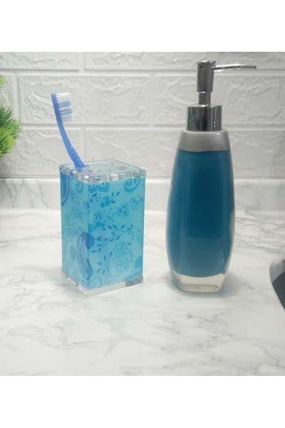 Sia Sıvı Sabunluk,diş Fırçalık 2 Li Banyo Seti,gri Mavi Ve Çiçekli