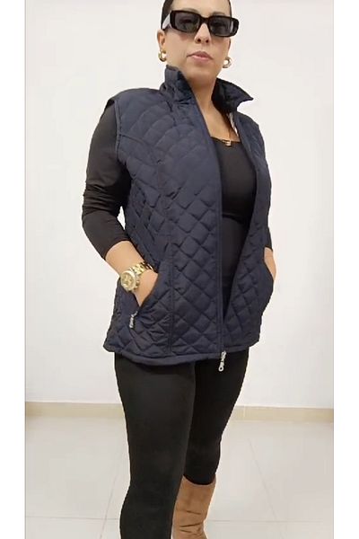 AKŞEN GİYİM Plus Size Lined Women's Quilted Vest with Side Pockets, Zipper and Snap Closure