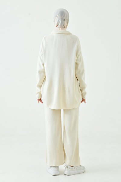 bayansepeti Oversize Knitwear Set - Cream Sweater and High Waist Trousers - Modest Hijab Design 7000
