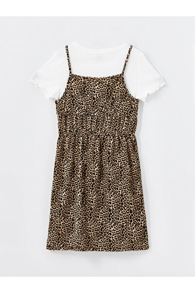 LC Waikiki Ecru Leopard Patterned Girl's Dress and T-Shirt