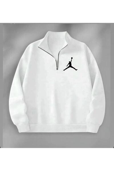 ALCİNOUS УНІСЕКС ОВЕРСАЙЗ З ПІВЗАСТІБКОЮ, ВЕРТИКАЛЬНИМ КОМИРОМ І ПРИНТОМ, БІЛА СВІТШОТ